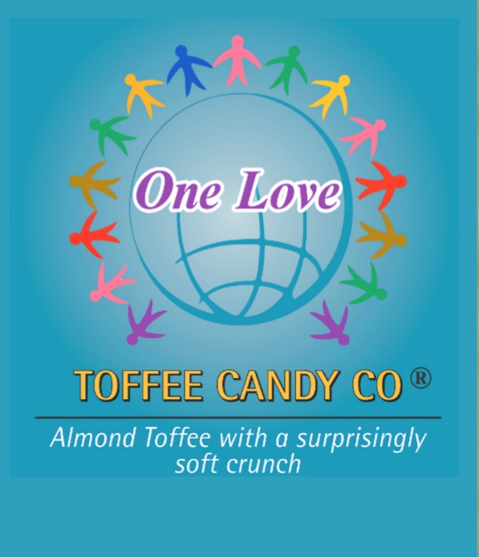 A blue background with the words " one love toffee candy co." in front of a circle of people.