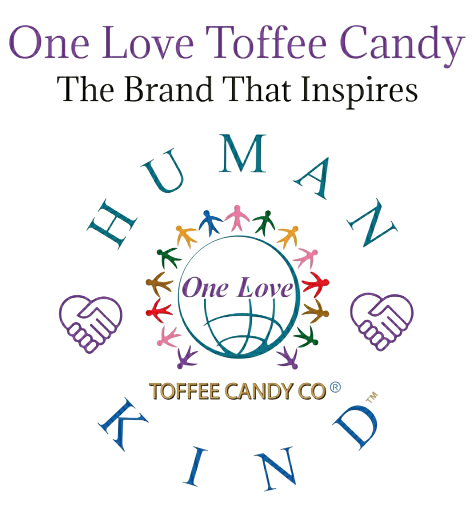 A black shirt with the words human kind and one love toffee candy.