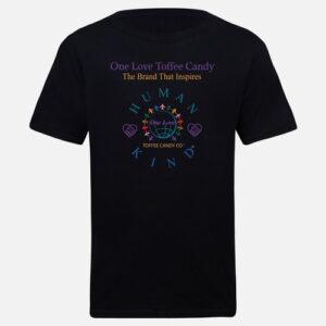 A black t-shirt with the words " our love is like candy ".