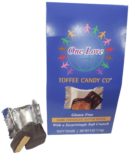A bag of chocolate covered candy with the logo for one love toffee candy co.