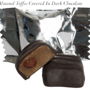 A chocolate covered almond toffee is sitting on top of foil.