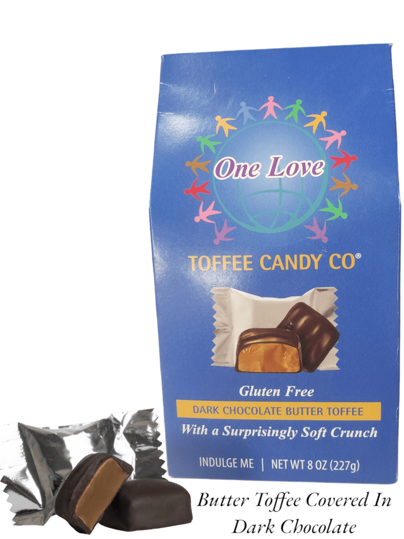 A bag of chocolate covered wafers with the words " one love toffee candy co." on it.