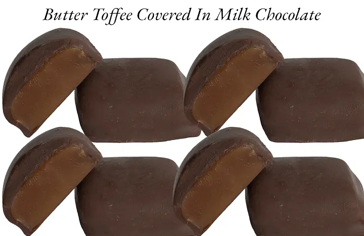 A group of four chocolate covered butter toffee.