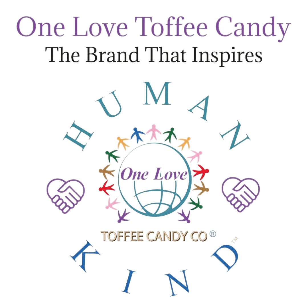 A logo for one love toffee candy company.